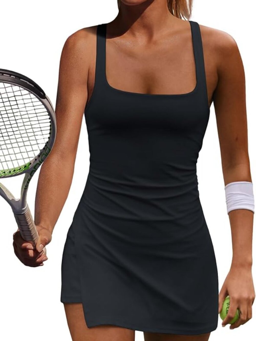 Square Neck Black Open-Back Athletic Tennis Mini Dress with Built-in Shorts